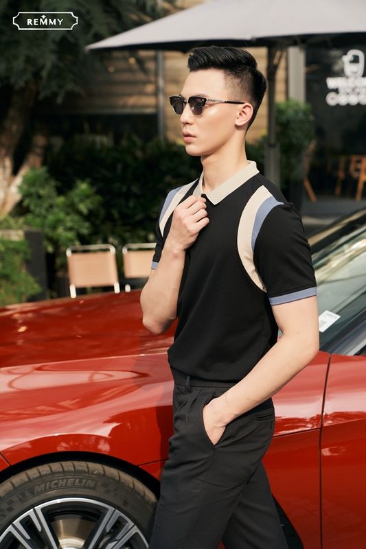 AF polo đen, cổ+ vòm ngực be- ống tay xanh dương #2201
