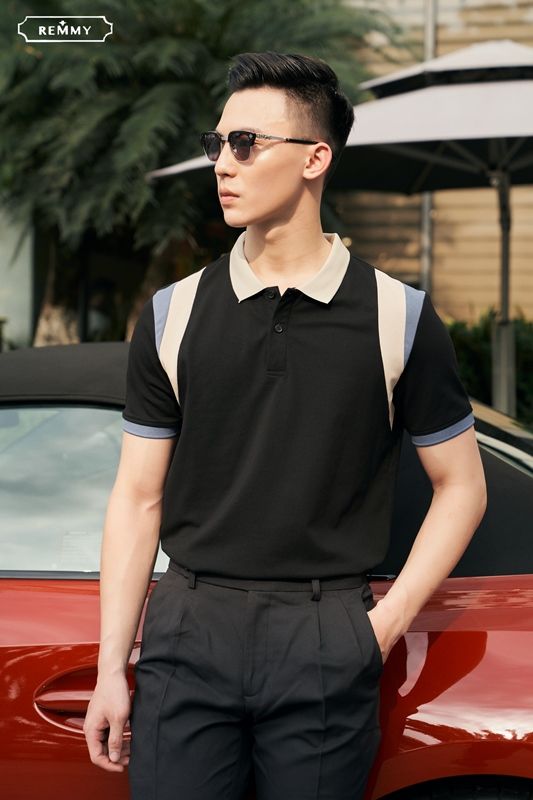 AF polo đen, cổ+ vòm ngực be- ống tay xanh dương #2201