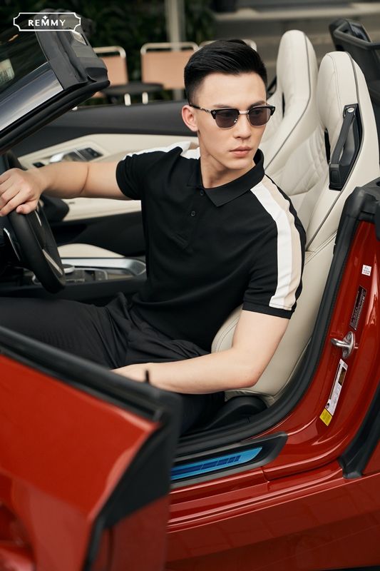 AF polo đen, dọc trắng- be #2205