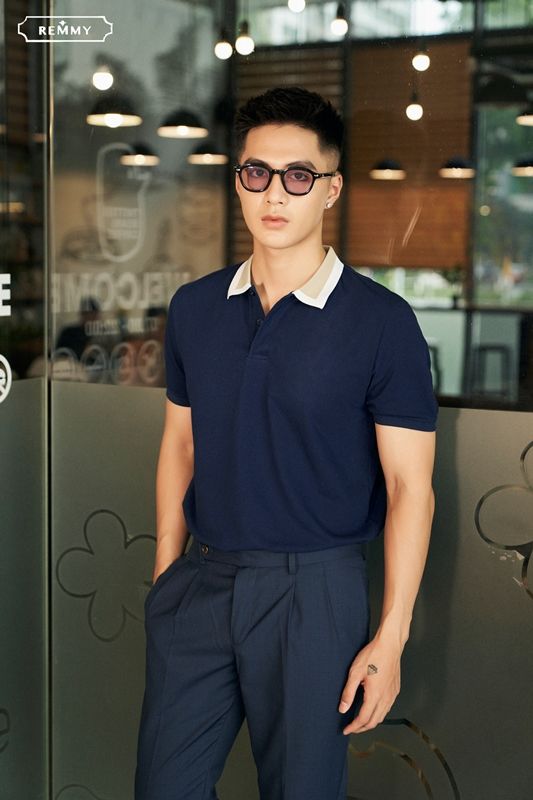 AF polo xanh tt, cổ nửa be-nửa trắng #2202