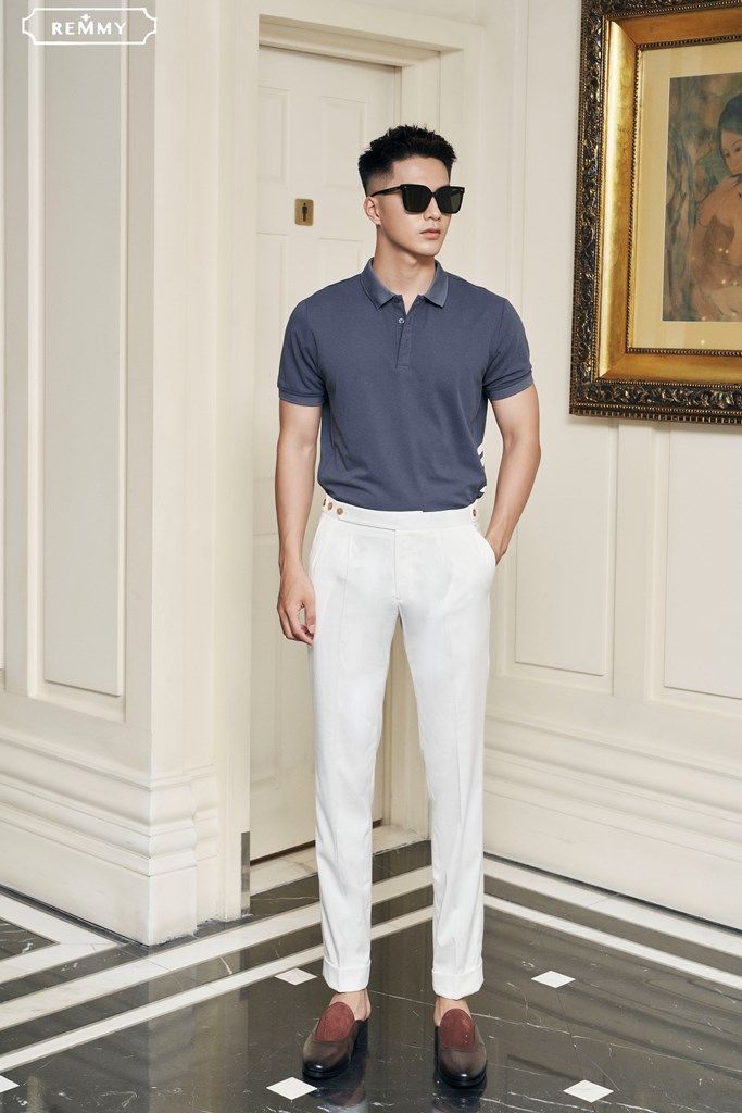 AF polo màu xanh đá đậm, kẻ trắng bên sườn