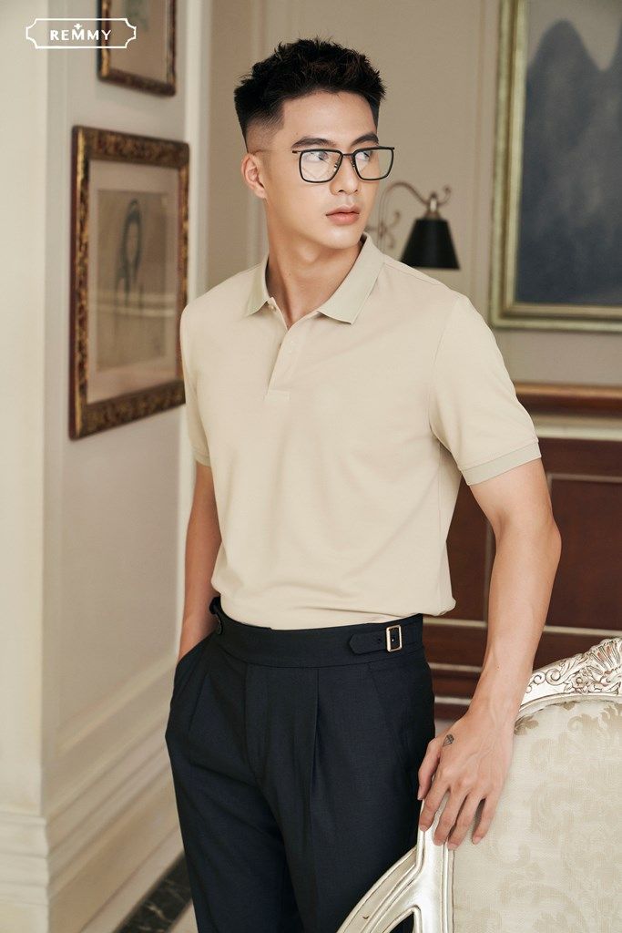 AF polo màu be, cổ+ ống tay sẫm màu- #2211