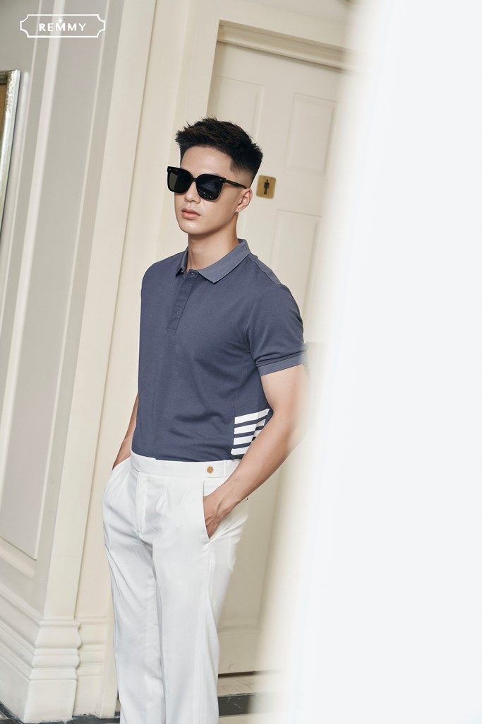 AF polo màu xanh đá đậm, kẻ trắng bên sườn- #2212