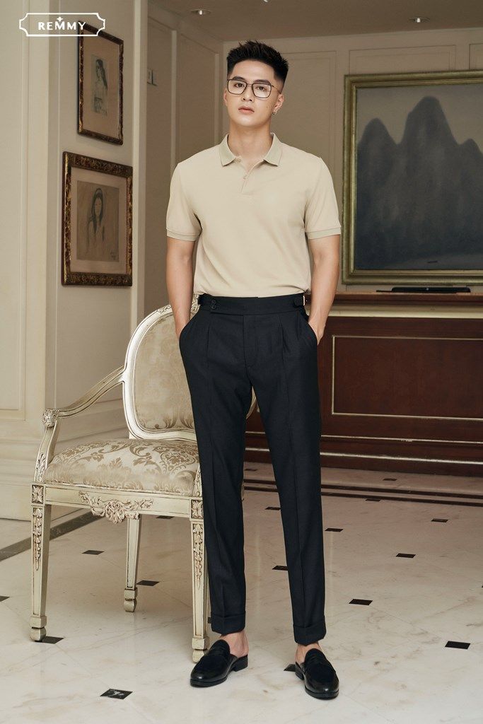 AF polo màu be, cổ+ ống tay sẫm màu- #2211
