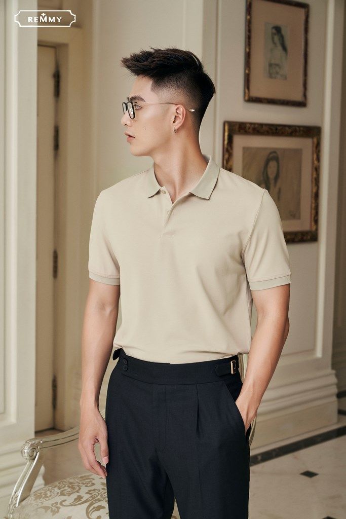 AF polo màu be, cổ+ ống tay sẫm màu- #2211