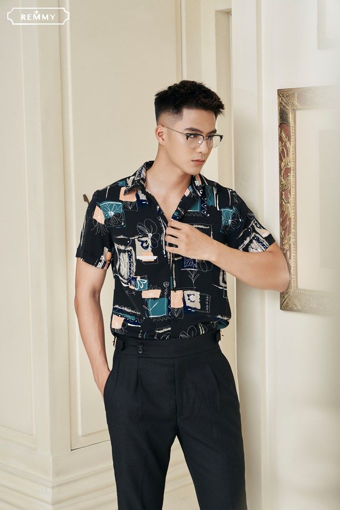SM cộc tay đen ht xanh-cam-hoa lá trắng