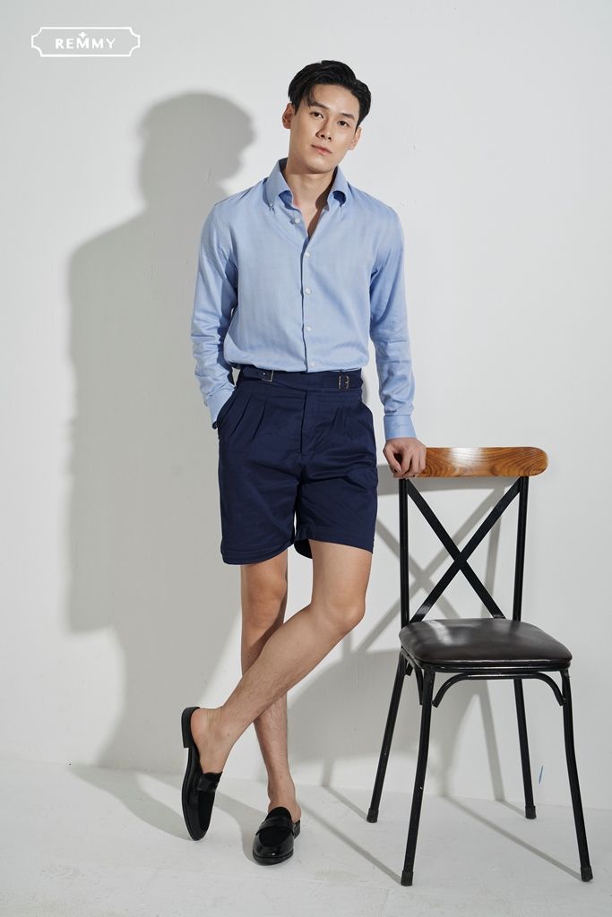 SM xanh dương kẻ chỉ chéo sole, cài cúc lá cổ