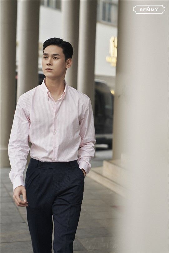 SM kẻ sọc hồng- trắng, cài cúc lá cổ- cufflink tay