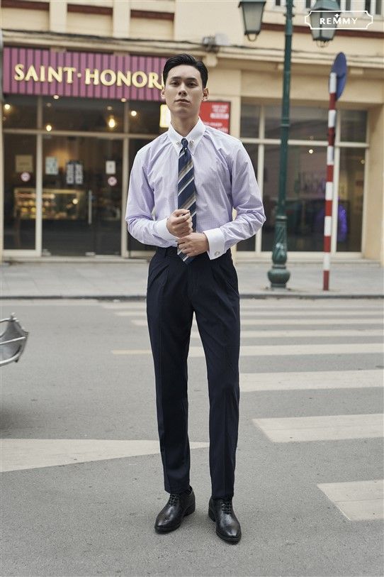SM tím kẻ caro, phối cổ trắng, cufflink tay+ măng séc cổ