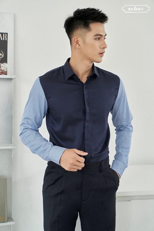 SM tím than- phối cánh tay kẻ sọc nhỏ xanh- trắng