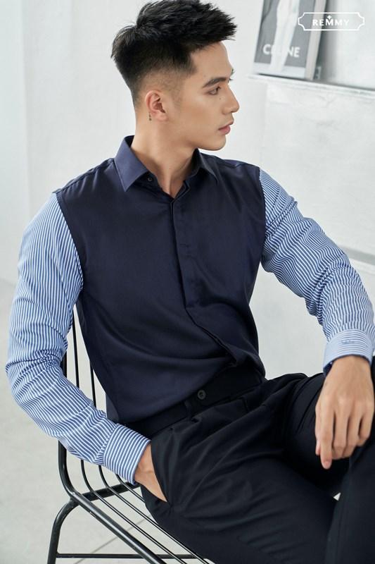 SM tím than- phối cánh tay kẻ sọc nhỏ xanh- trắng