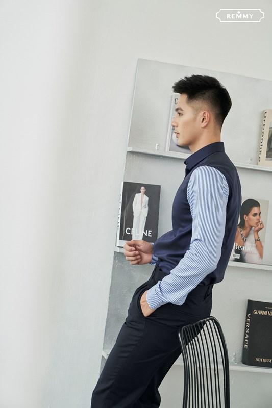 SM tím than- phối cánh tay kẻ sọc nhỏ xanh- trắng