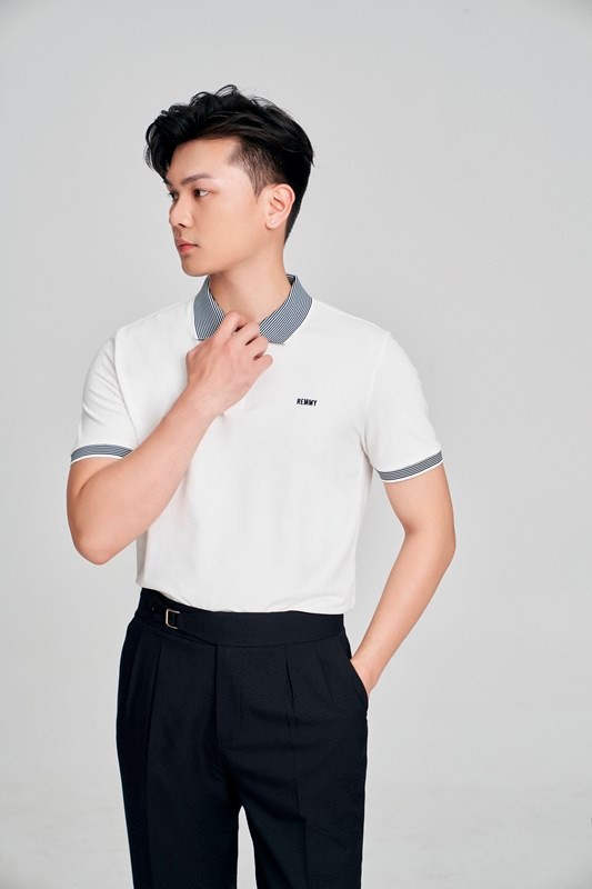 AF polo trắng phối cổ+ cổ tay kẻ sọc đen trắng #05