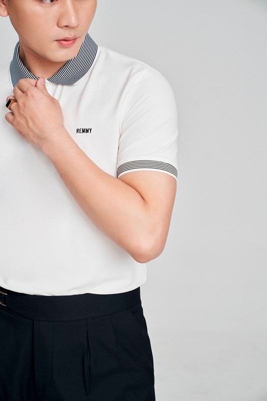 AF polo trắng phối cổ+ cổ tay kẻ sọc đen trắng #05