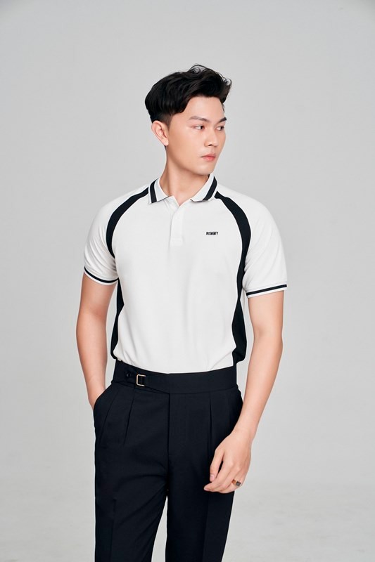 AF polo trắng phối đen dọc sườn, cổ kẻ đen #02