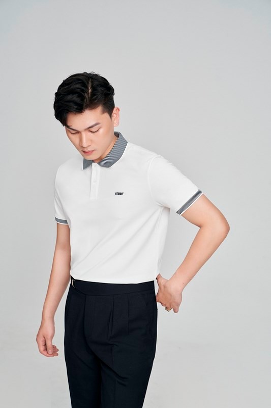 AF polo trắng phối cổ+ cổ tay kẻ sọc đen trắng #05