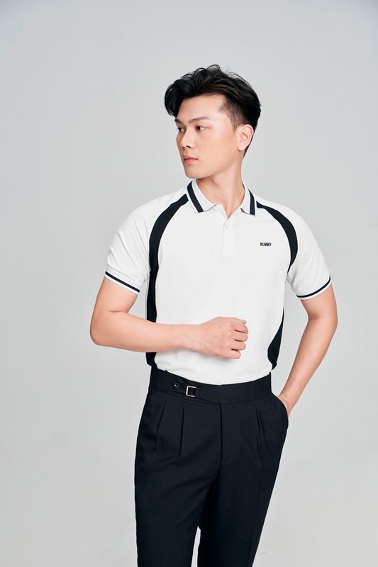AF polo trắng phối đen dọc sườn, cổ kẻ đen #02