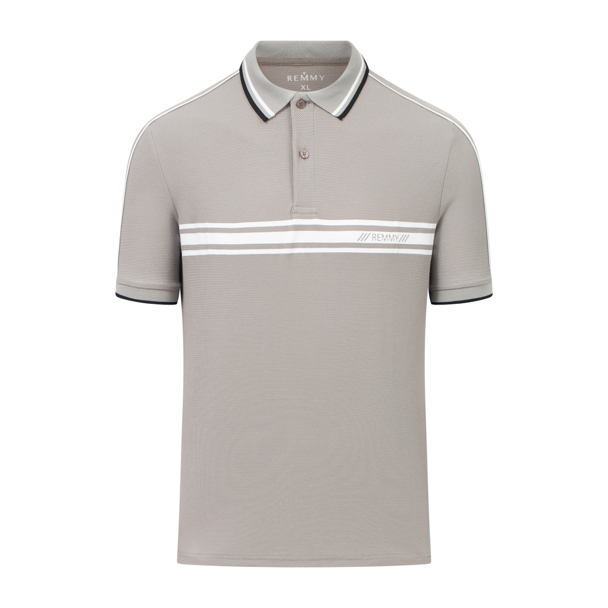 AF polo ghi, kẻ trắng ngang ngực, in logo RM 3 vạch #1011