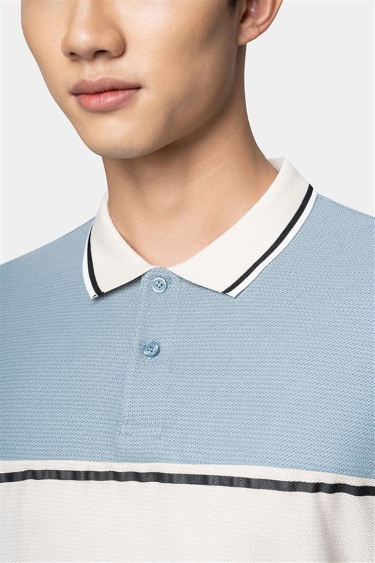 AF polo xanh dương nhạt, kẻ trắng to ngang ngực #1012
