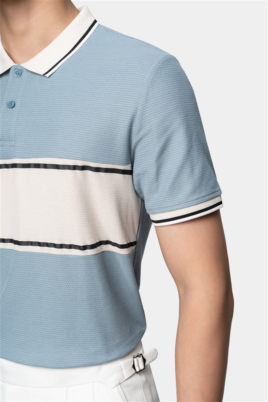 AF polo xanh dương nhạt, kẻ trắng to ngang ngực #1012