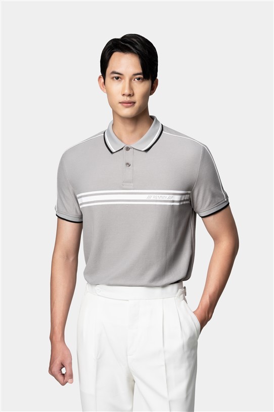 AF polo ghi, kẻ trắng ngang ngực, in logo RM 3 vạch #1011