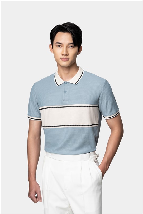 AF polo xanh dương nhạt, kẻ trắng to ngang ngực #1012