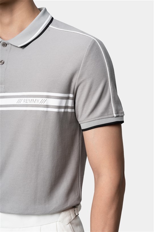 AF polo ghi, kẻ trắng ngang ngực, in logo RM 3 vạch #1011