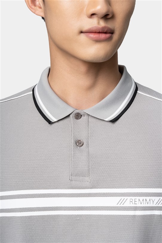 AF polo ghi, kẻ trắng ngang ngực, in logo RM 3 vạch #1011