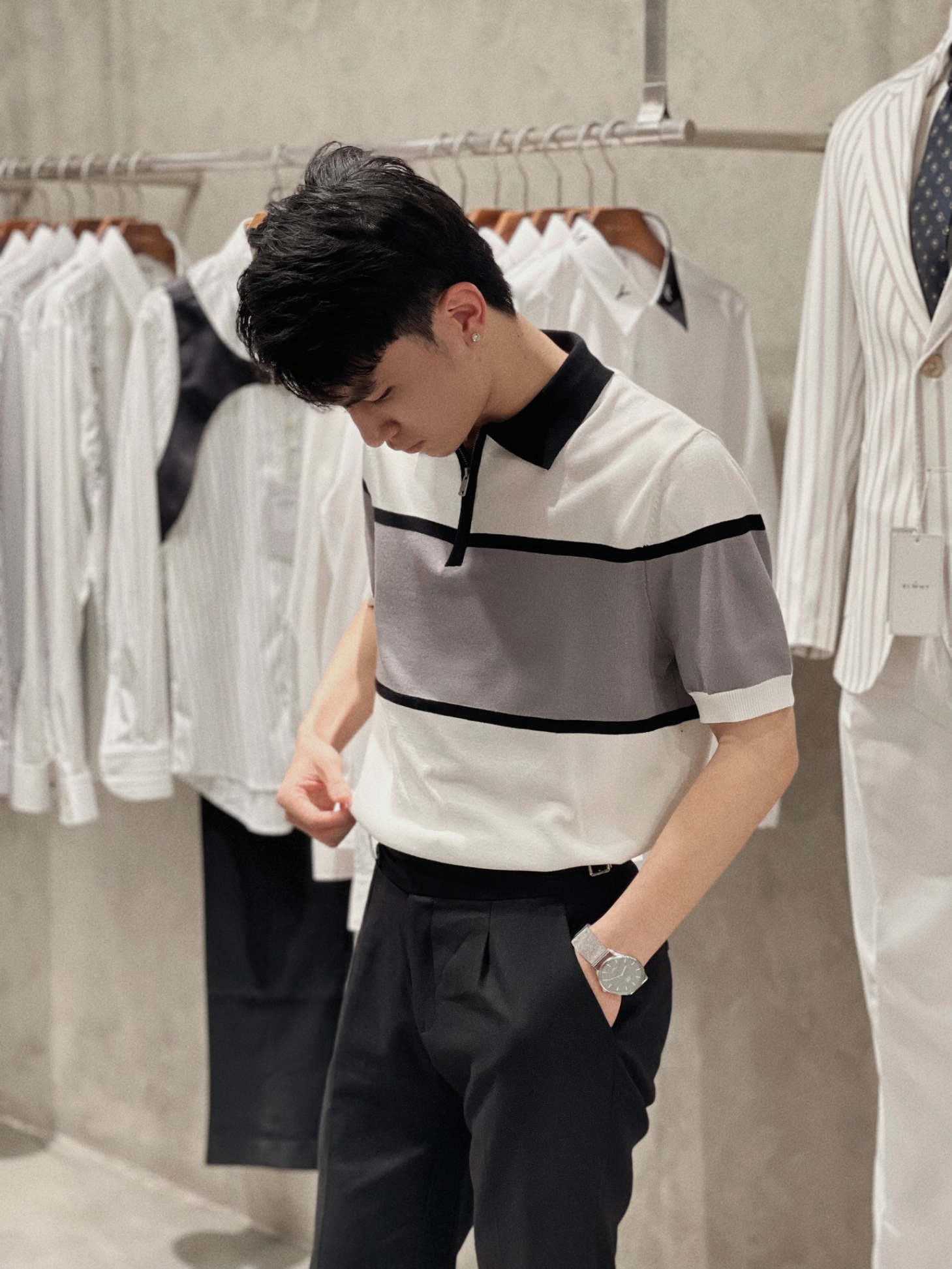 AL len lạnh trắng, kẻ ngang to trước ngực ghi -đen, cổ đen #2320