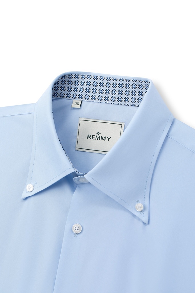 SM dài tay, cổ buttondown , màu xanh, lót cổ - cổ tay đáp xanh họa tiết #1100