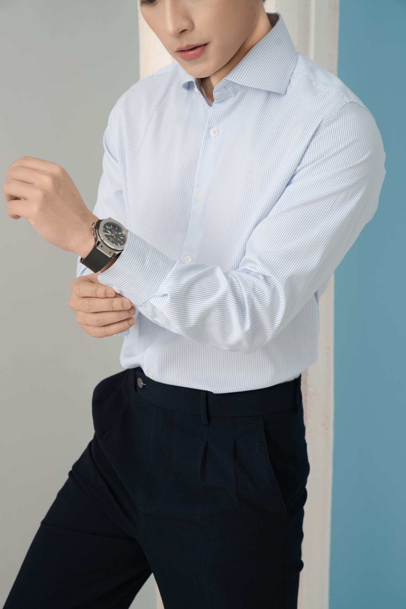 SM regular fit dài tay, màu trắng kẻ tăm xanh #1127