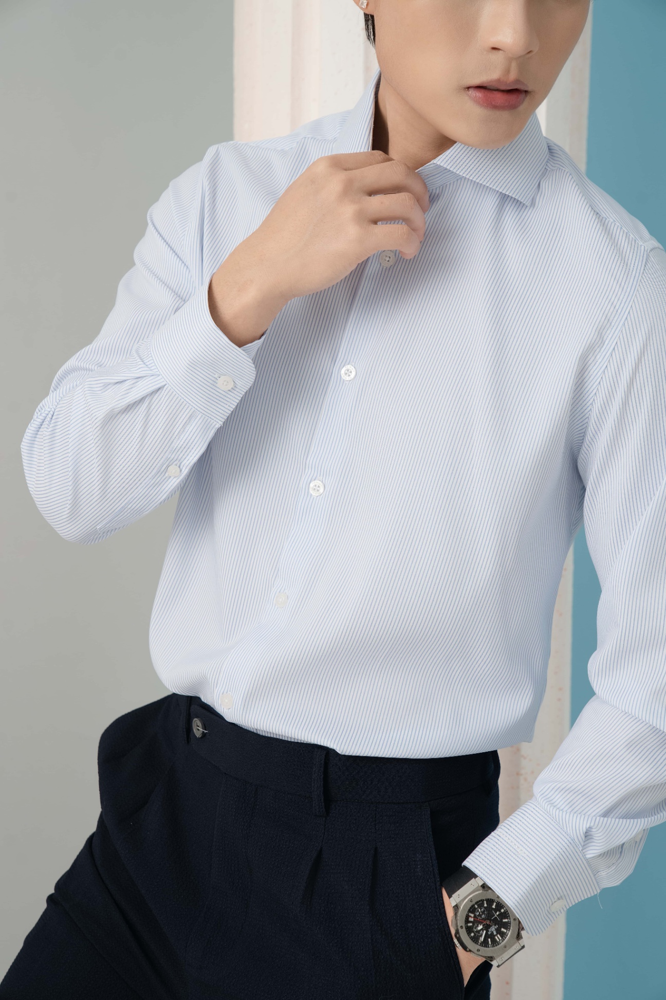 SM regular fit dài tay, màu trắng kẻ tăm xanh #1127