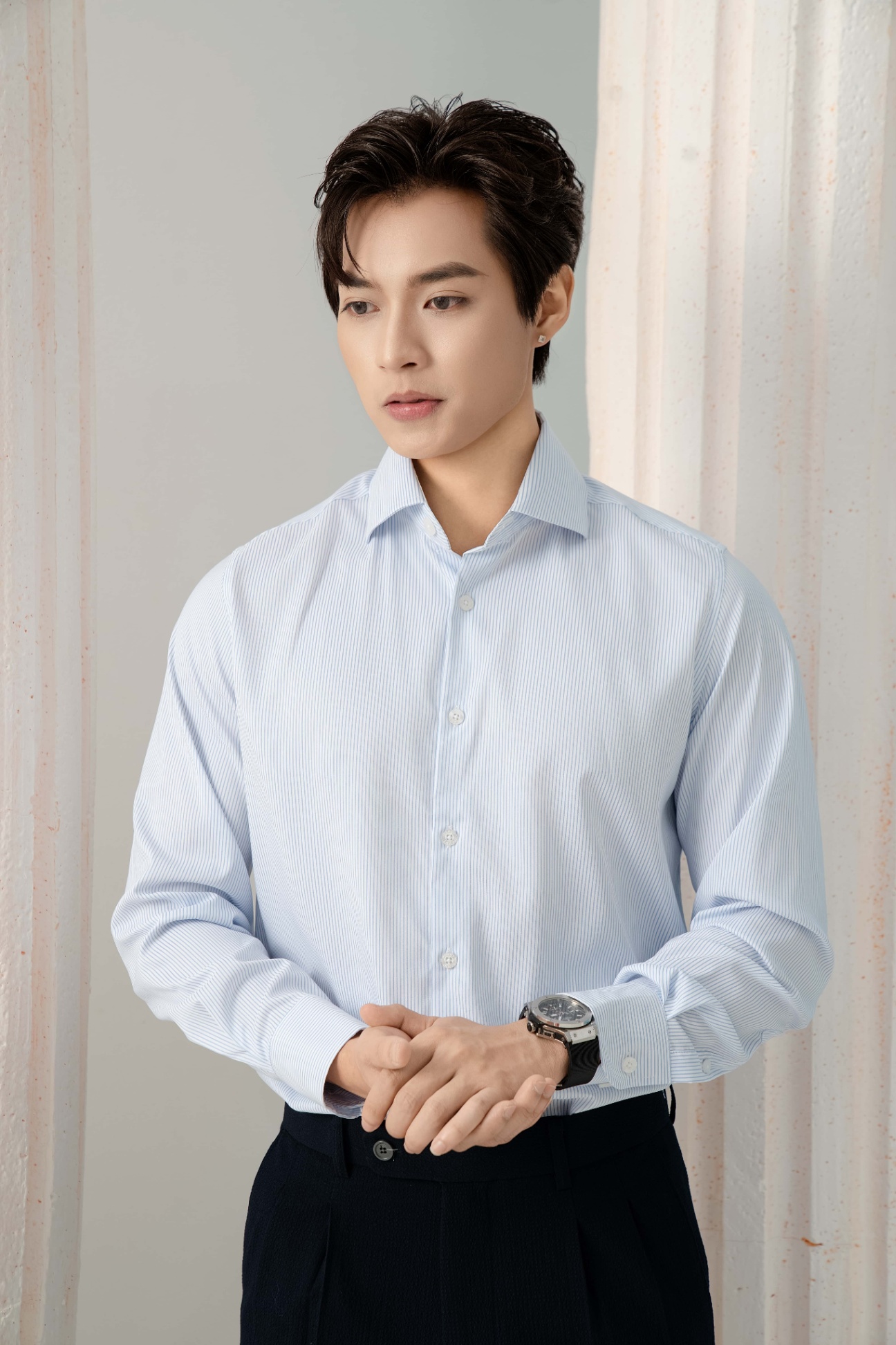 SM regular fit dài tay, màu trắng kẻ tăm xanh #1127