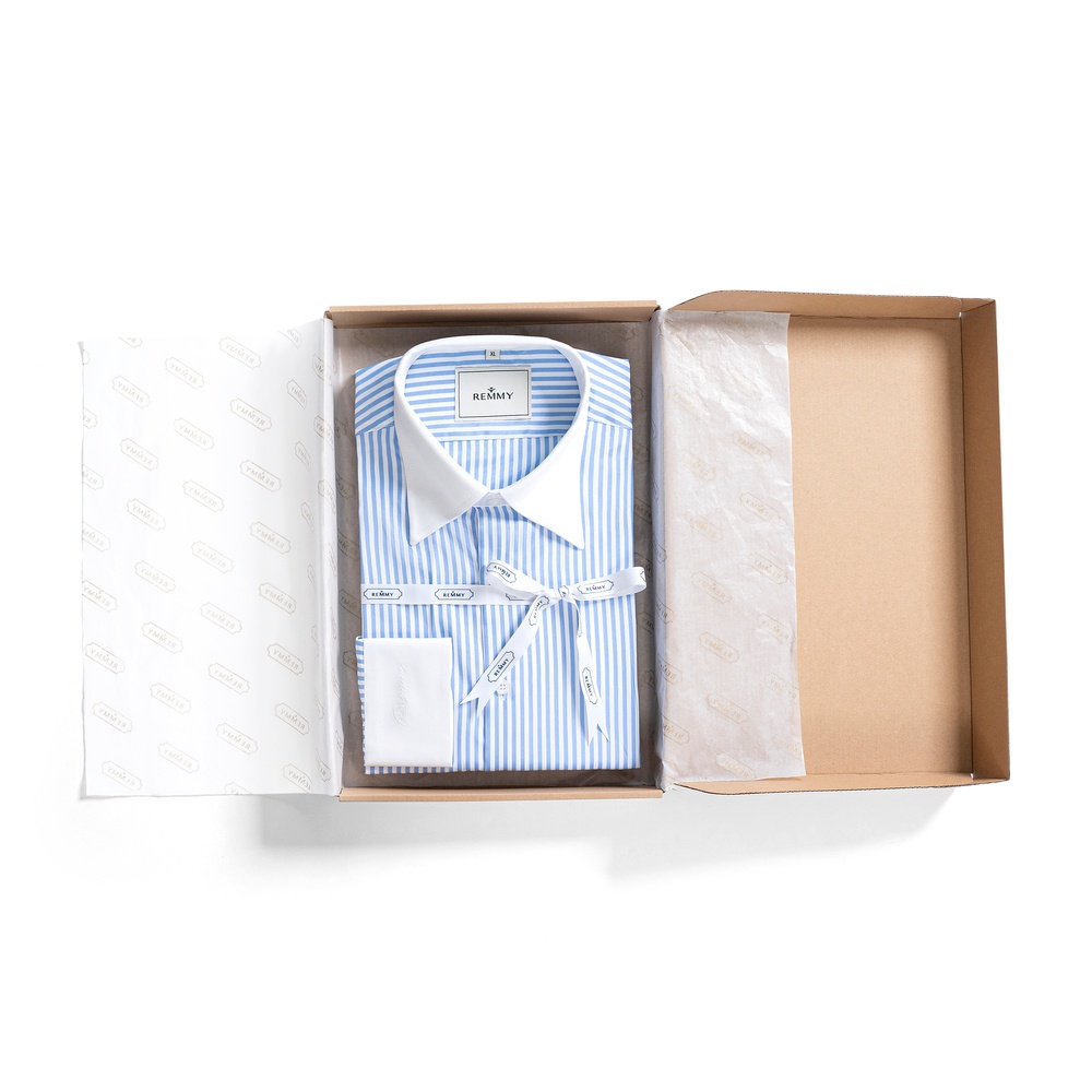 SM regular fit dài tay, màu trắng kẻ xanh dương , cổ - cổ tay đáp trắng #1124