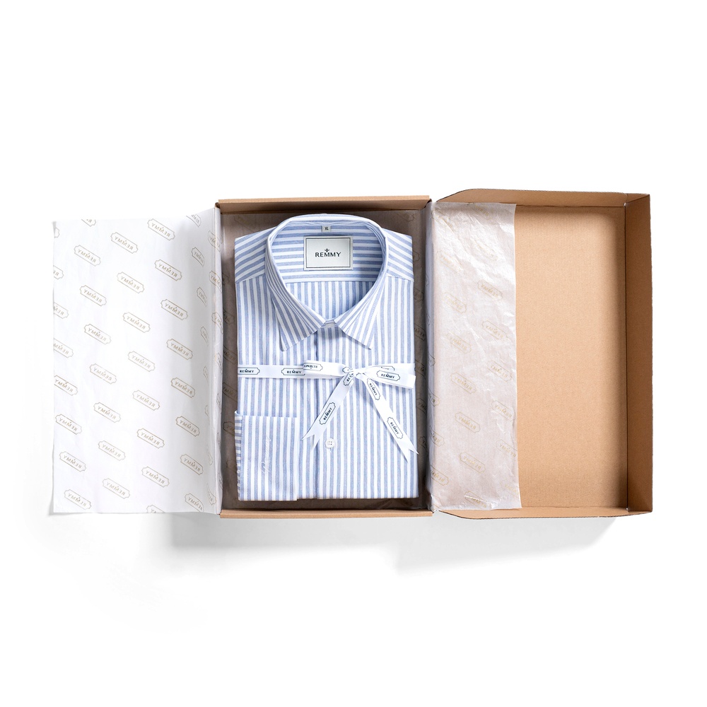 SM regular fit dài tay, màu trắng kẻ xanh nhạt , cổ button down hidden #1122