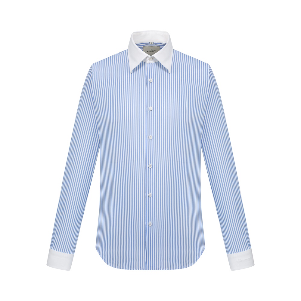 SM regular fit dài tay, màu trắng kẻ xanh dương , cổ - cổ tay đáp trắng #1124