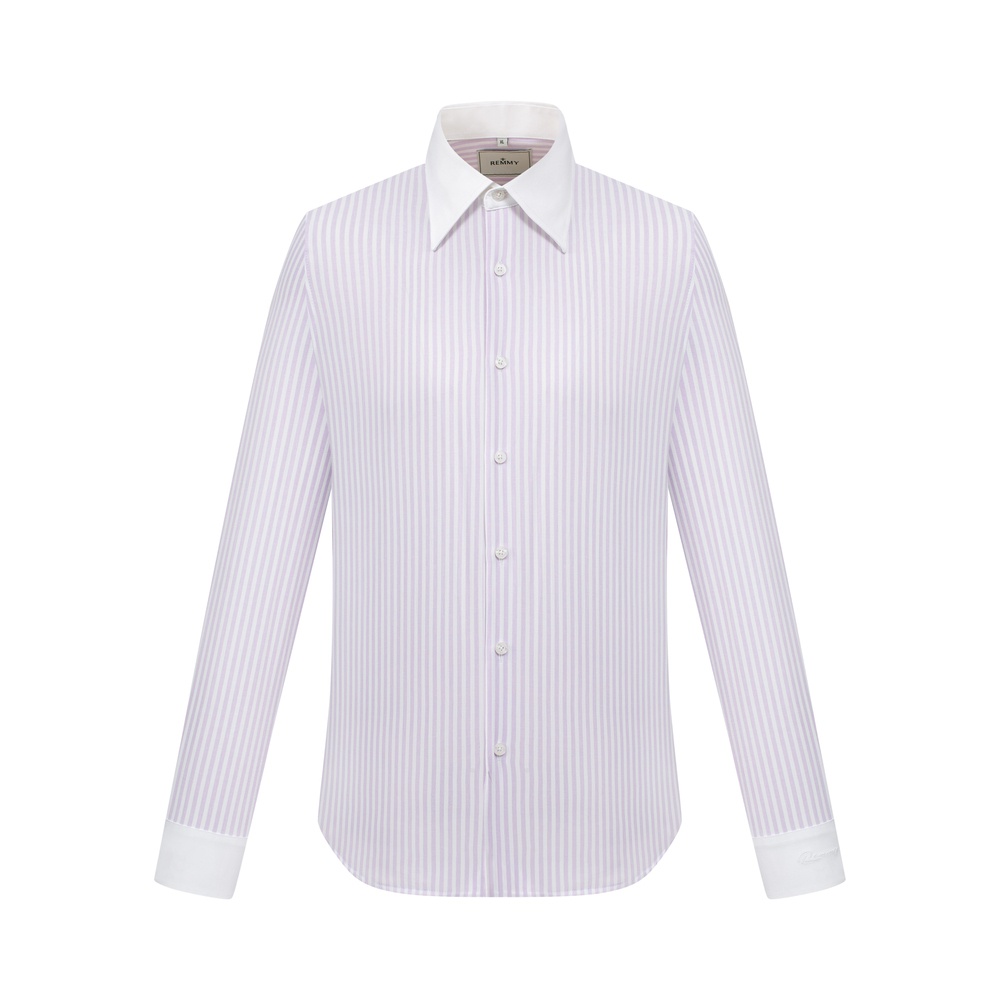 SM regular fit dài tay, màu trắng kẻ hồng , cổ - cổ tay đáp trắng #1126