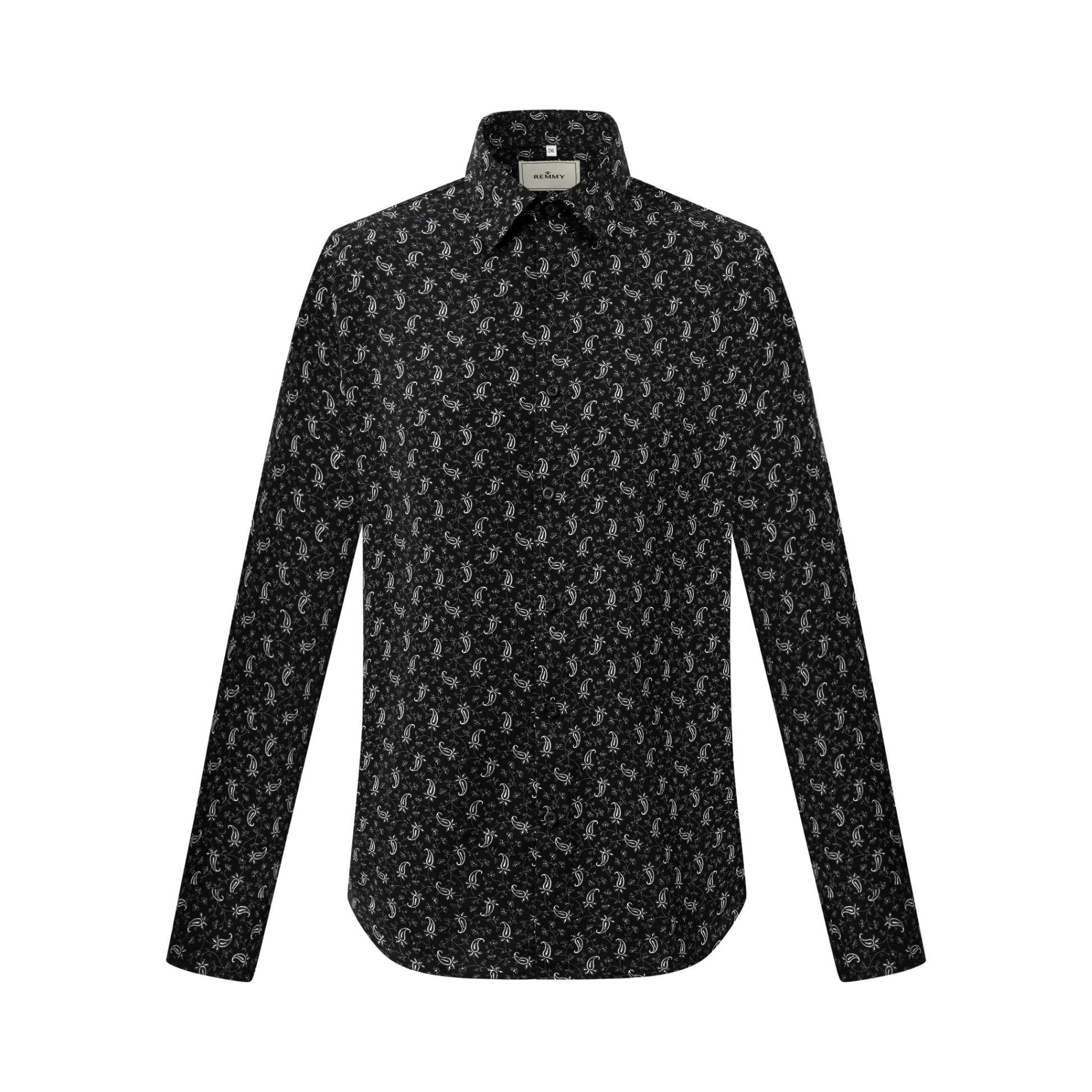 SM regular fit lụa dài tay, màu đen họa tiết paisley , cổ basic #1139