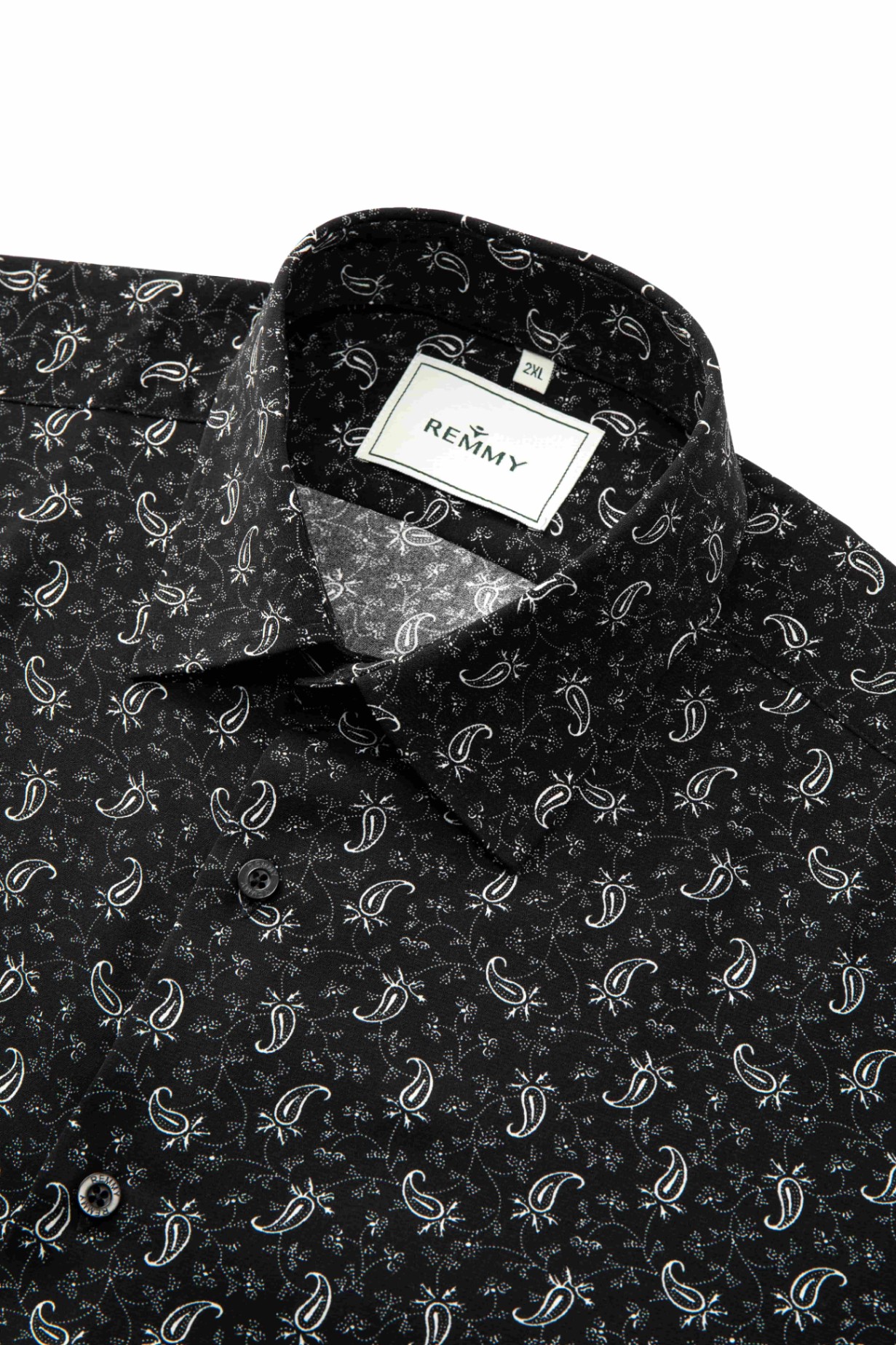 SM regular fit lụa dài tay, màu đen họa tiết paisley , cổ basic #1139