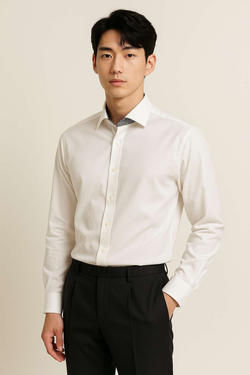 SM regular fit dài tay, màu trắng , cổ - lót cổ tay đáp kẻ ô vuông đen #1144