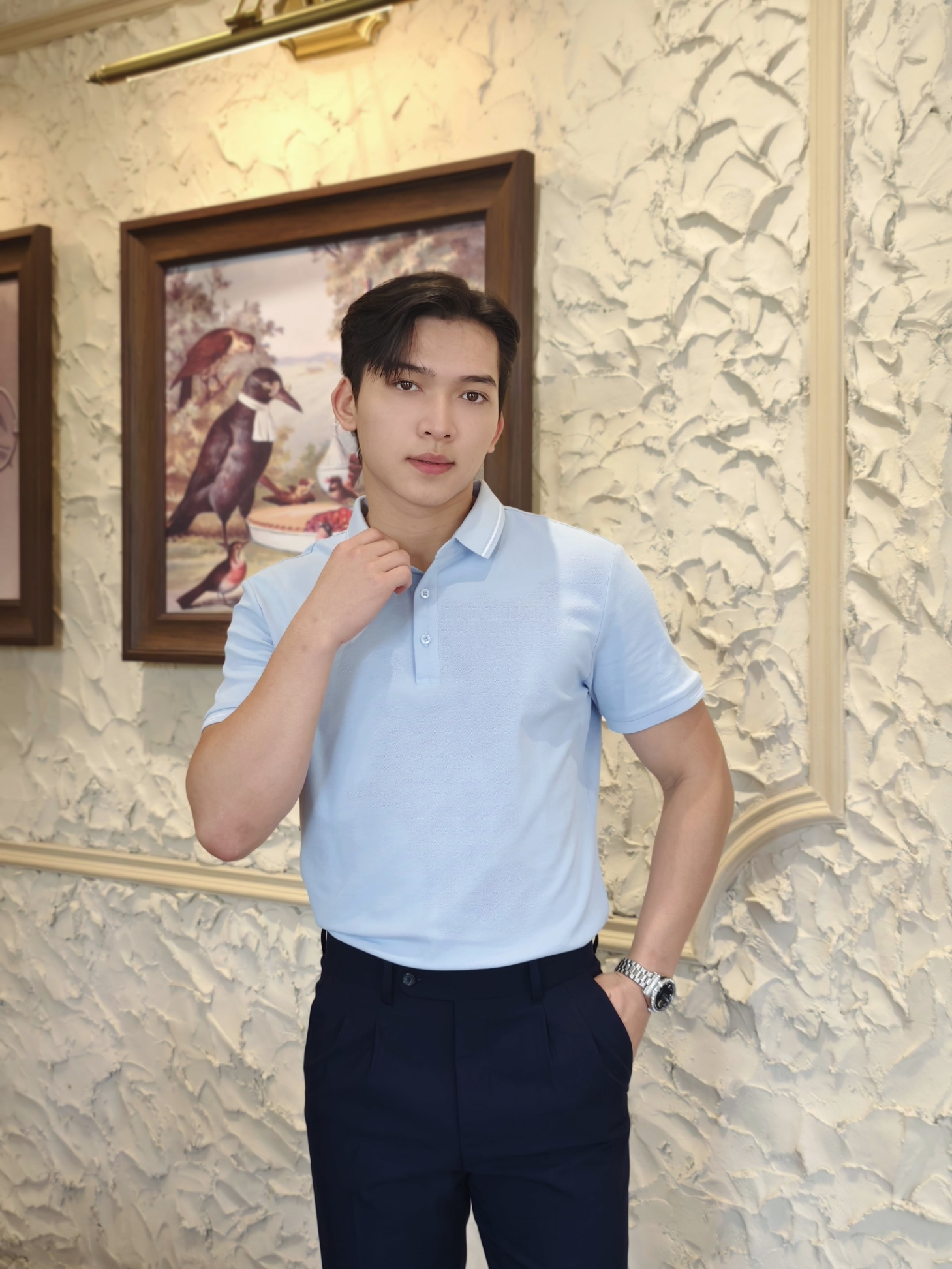 AF cổ bẻ , màu xanh , cổ - cổ tay kẻ trắng #382