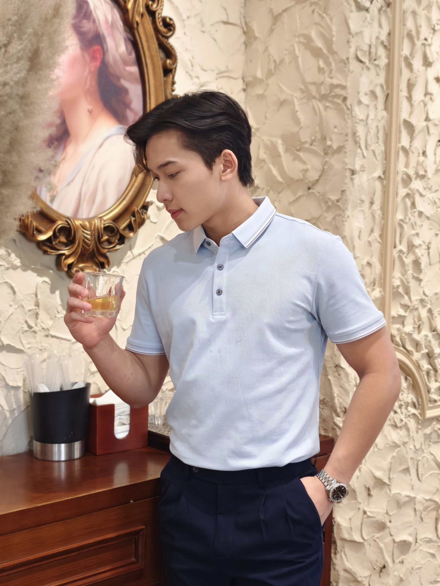 AF cổ bẻ , màu xanh , cổ - cổ tay kẻ trắng nâu #383