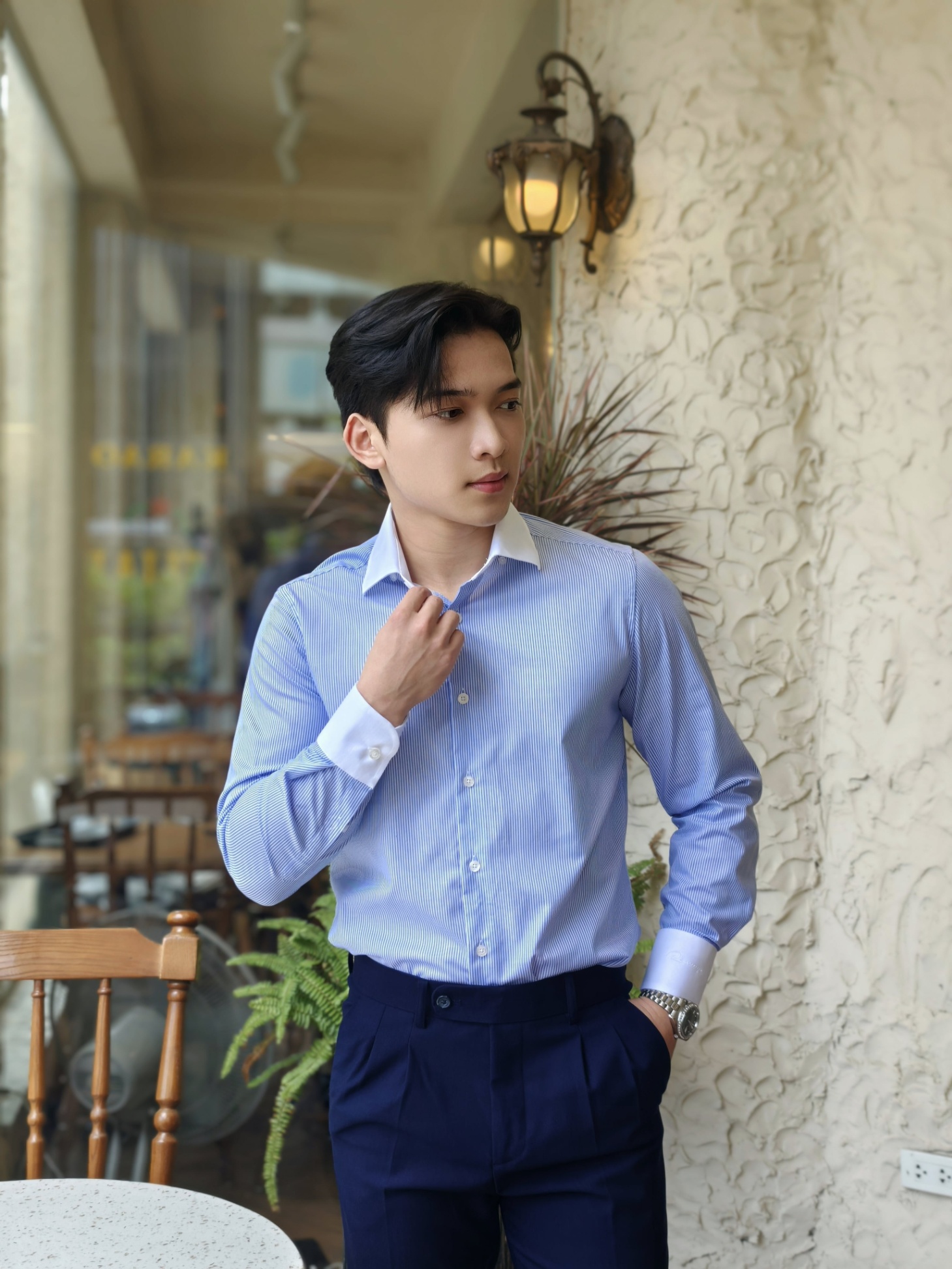 SM regular fit dài tay, màu xanh kẻ tăm trắng , cổ - cổ tay đáp trắng #1143