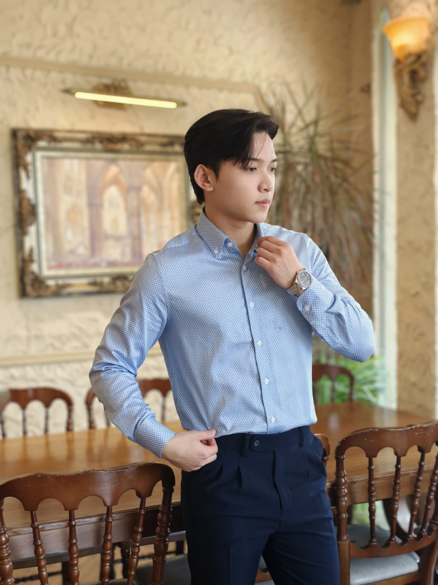 SM regular fit dài tay, màu xanh chấm tròn ô vuông trắng #1142