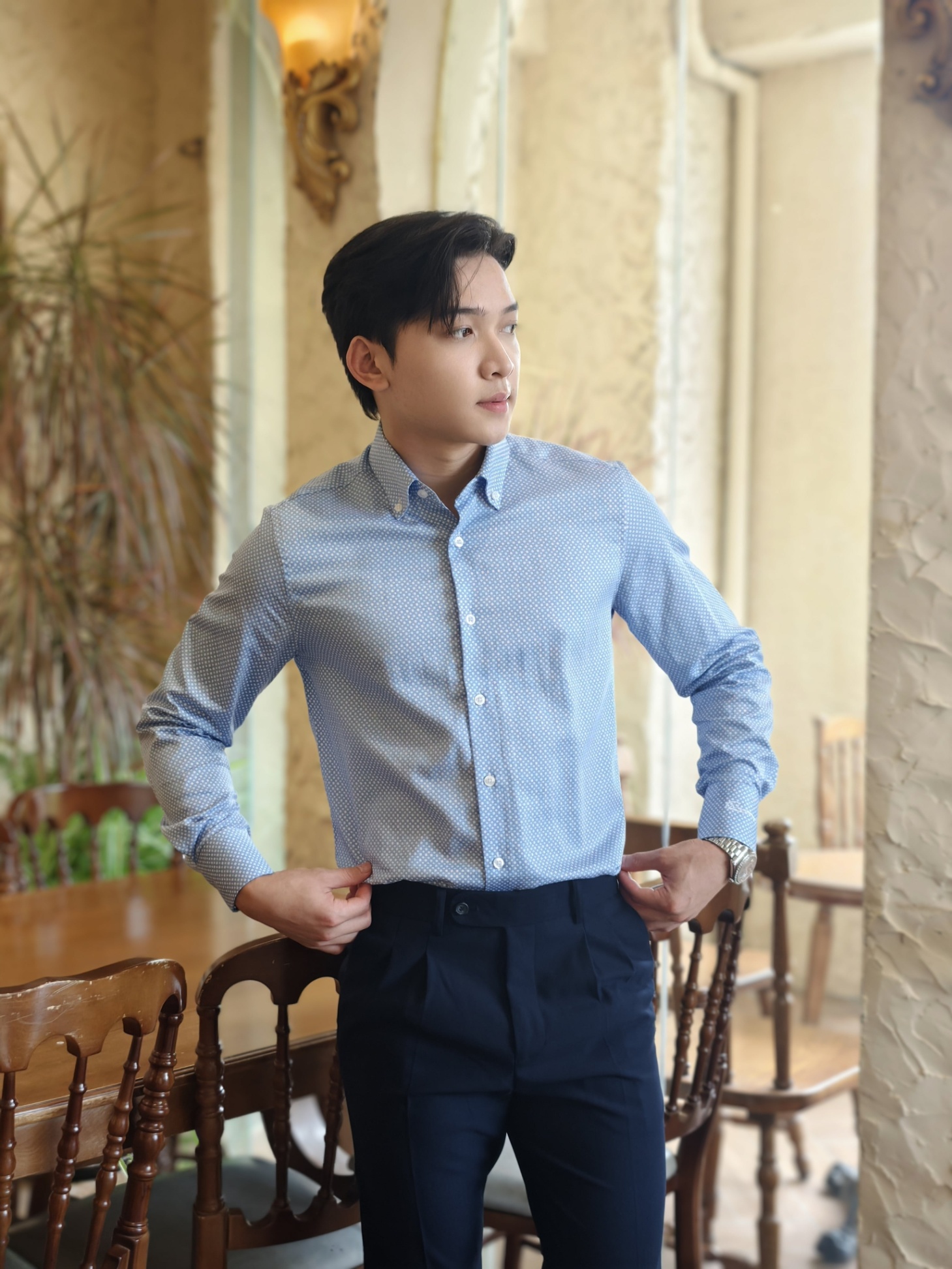 SM regular fit dài tay, màu xanh chấm tròn ô vuông trắng #1142