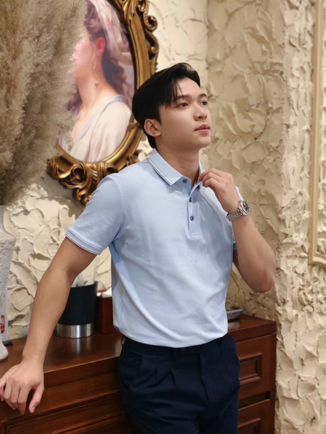 AF cổ bẻ , màu xanh , cổ - cổ tay kẻ trắng nâu #383
