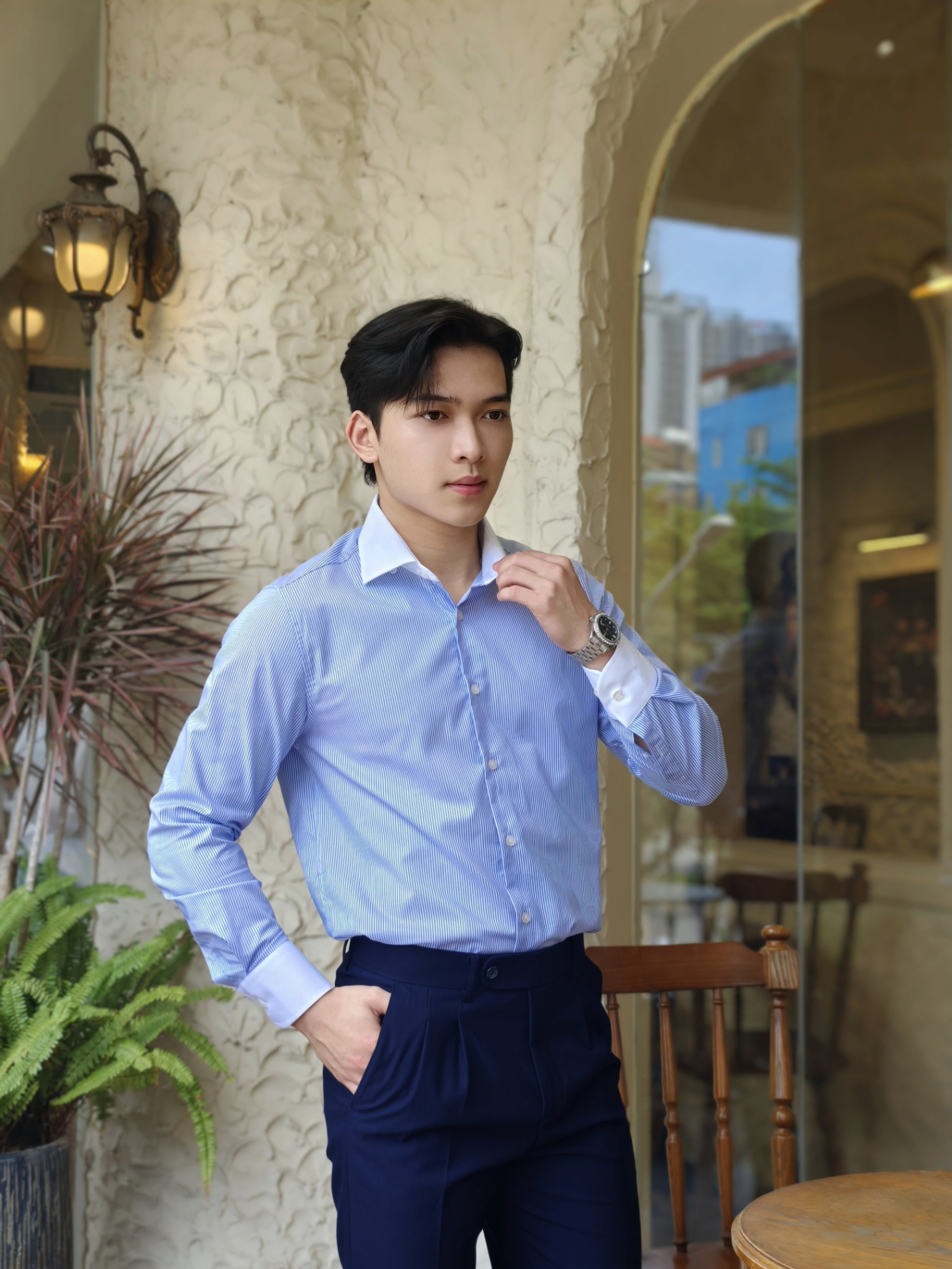 SM regular fit dài tay, màu xanh kẻ tăm trắng , cổ - cổ tay đáp trắng #1143