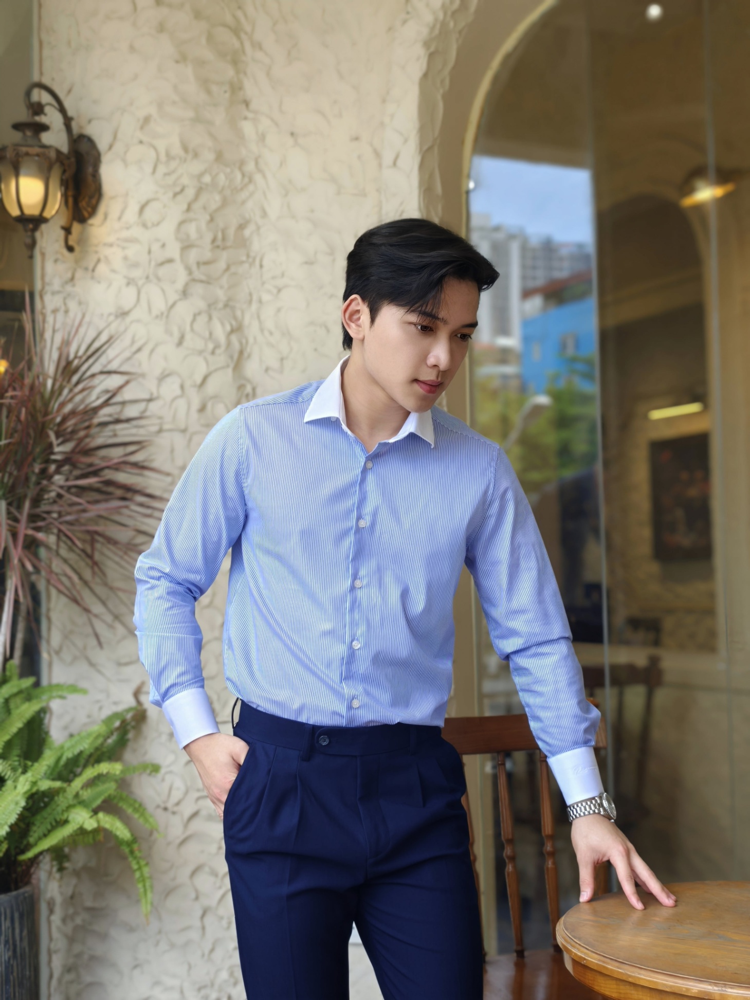 SM regular fit dài tay, màu xanh kẻ tăm trắng , cổ - cổ tay đáp trắng #1143