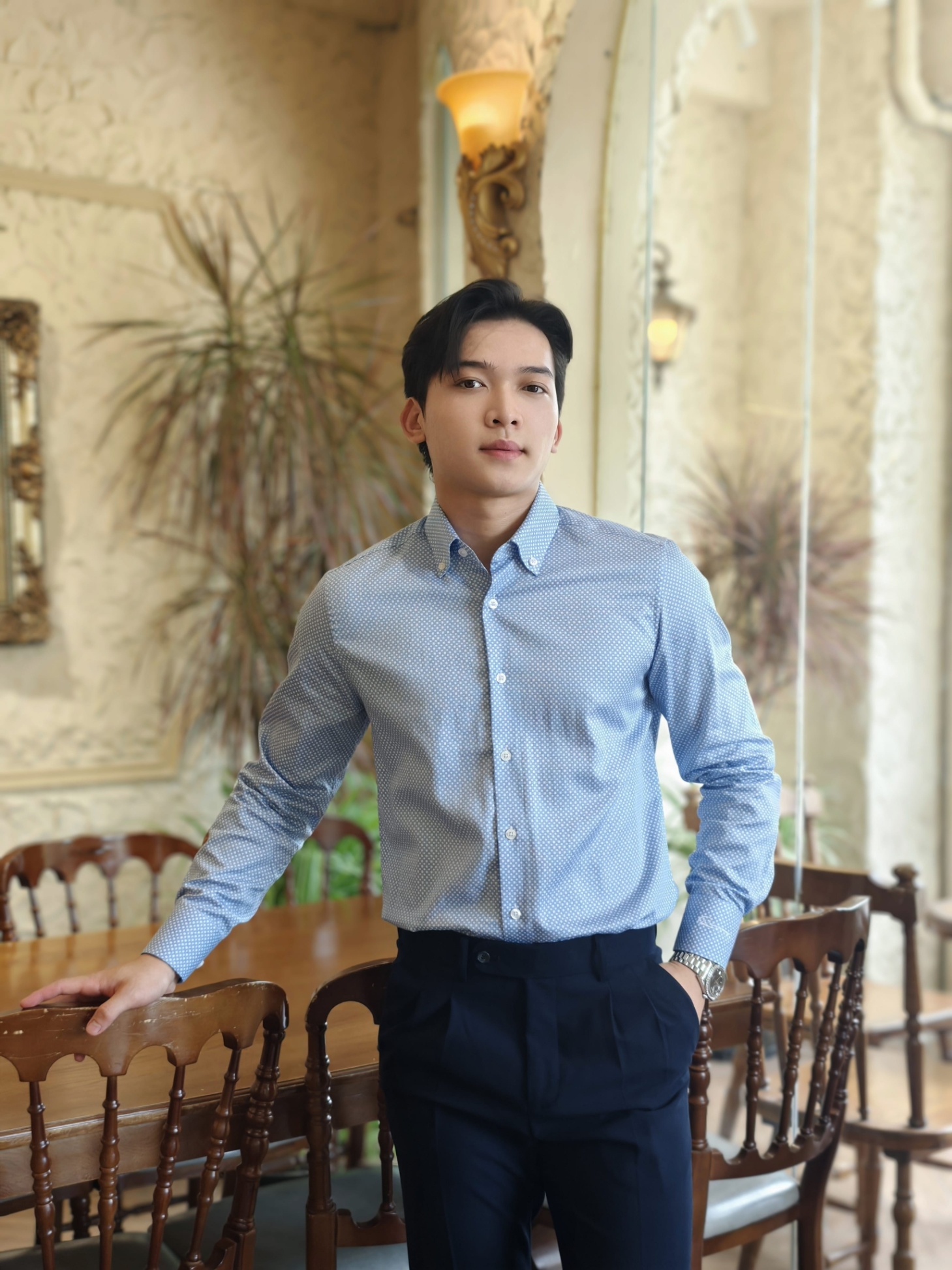 SM regular fit dài tay, màu xanh chấm tròn ô vuông trắng #1142