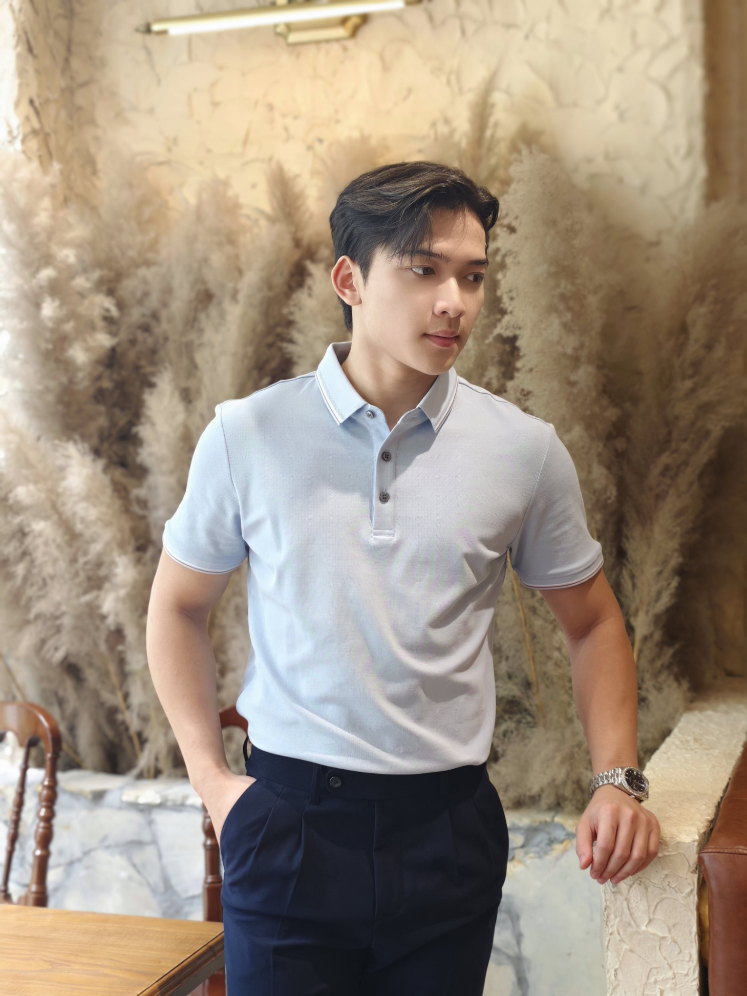 AF cổ bẻ , màu xanh , cổ - cổ tay kẻ trắng nâu #383